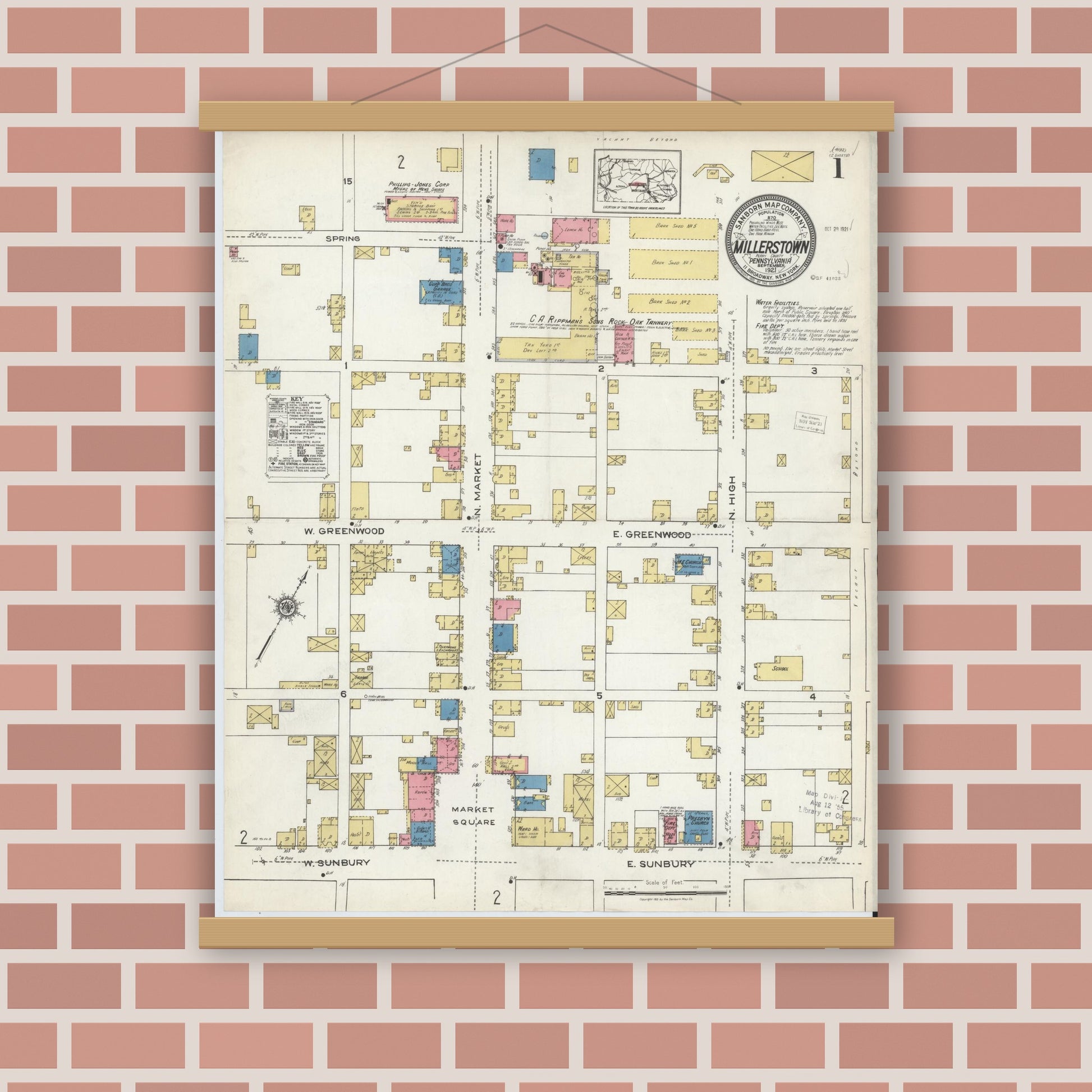 Old map wall art mockup — magnetic wood frame on brick wall — Sanborn Fire Insurance Map from Millerstown, Perry County, Pennsylvania (1921) - Complete Map Set