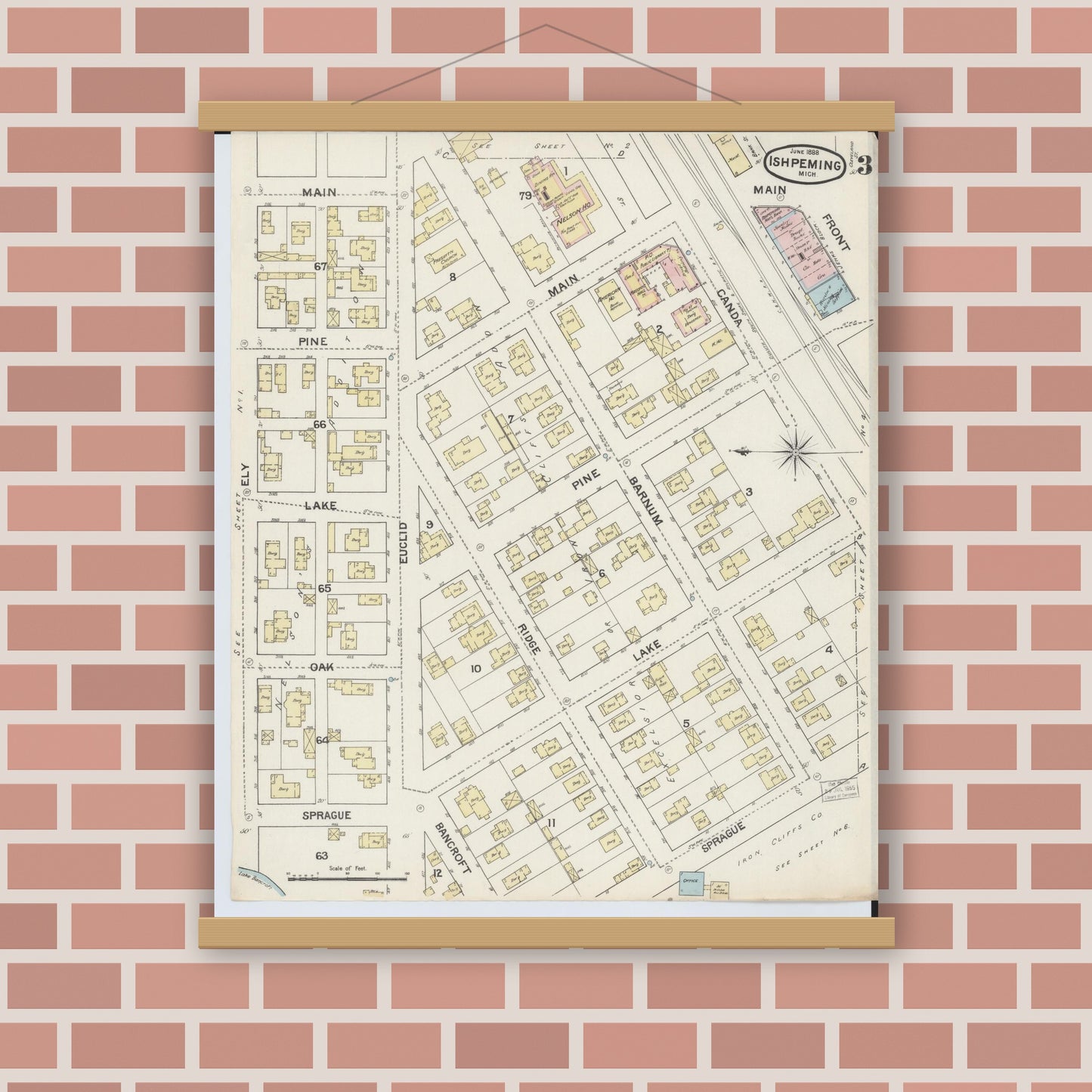 Old map wall art mockup — magnetic wood frame on brick wall — Sanborn Fire Insurance Map from Ishpeming, Marquette County, Michigan (1888), Sheet #0003