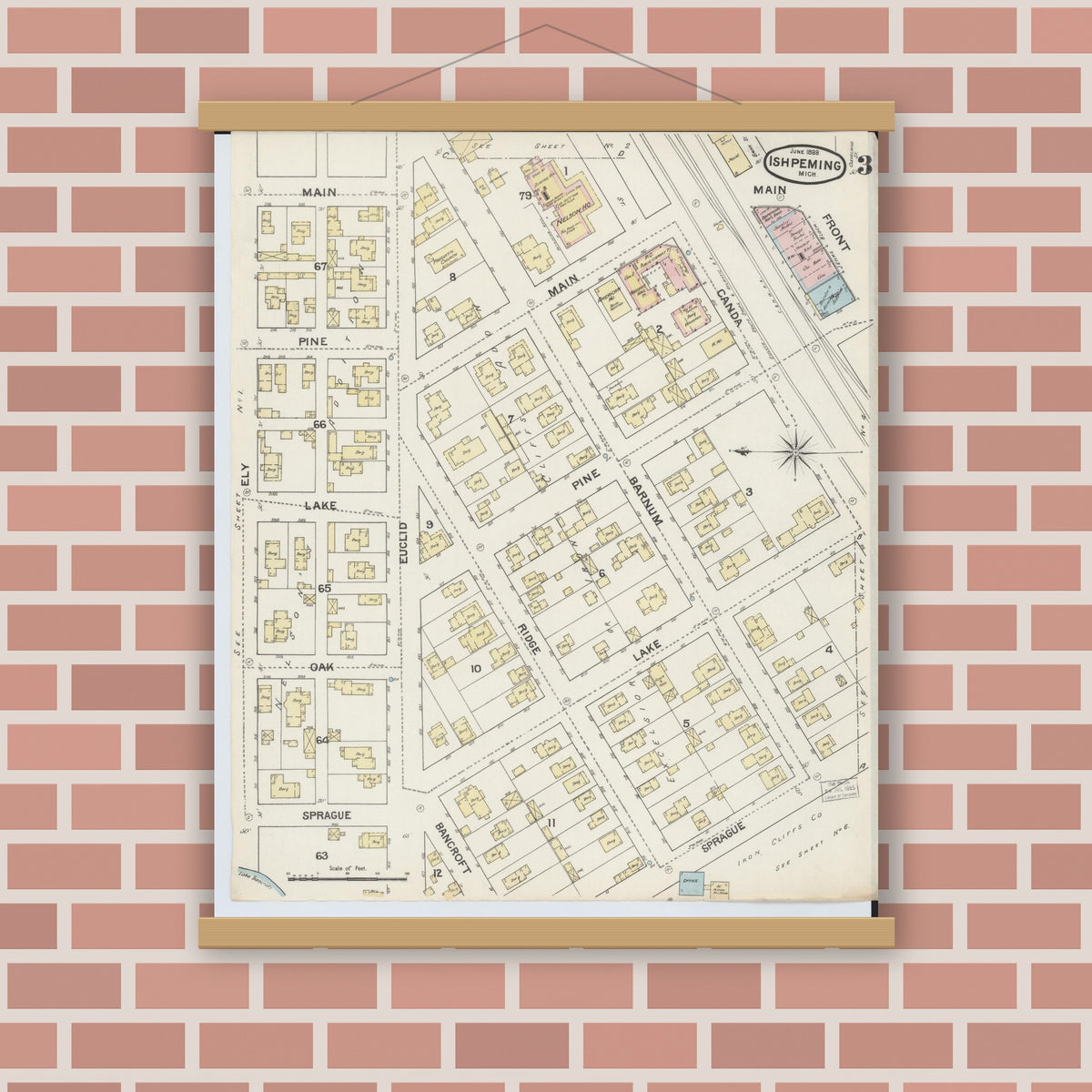 Old map wall art mockup — magnetic wood frame on brick wall — Sanborn Fire Insurance Map from Ishpeming, Marquette County, Michigan (1888), Sheet #0003
