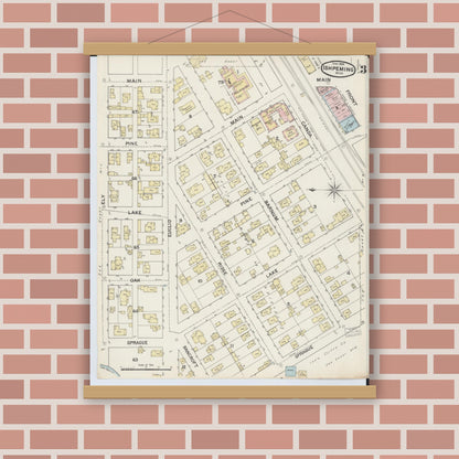 Old map wall art mockup — magnetic wood frame on brick wall — Sanborn Fire Insurance Map from Ishpeming, Marquette County, Michigan (1888), Sheet #0003