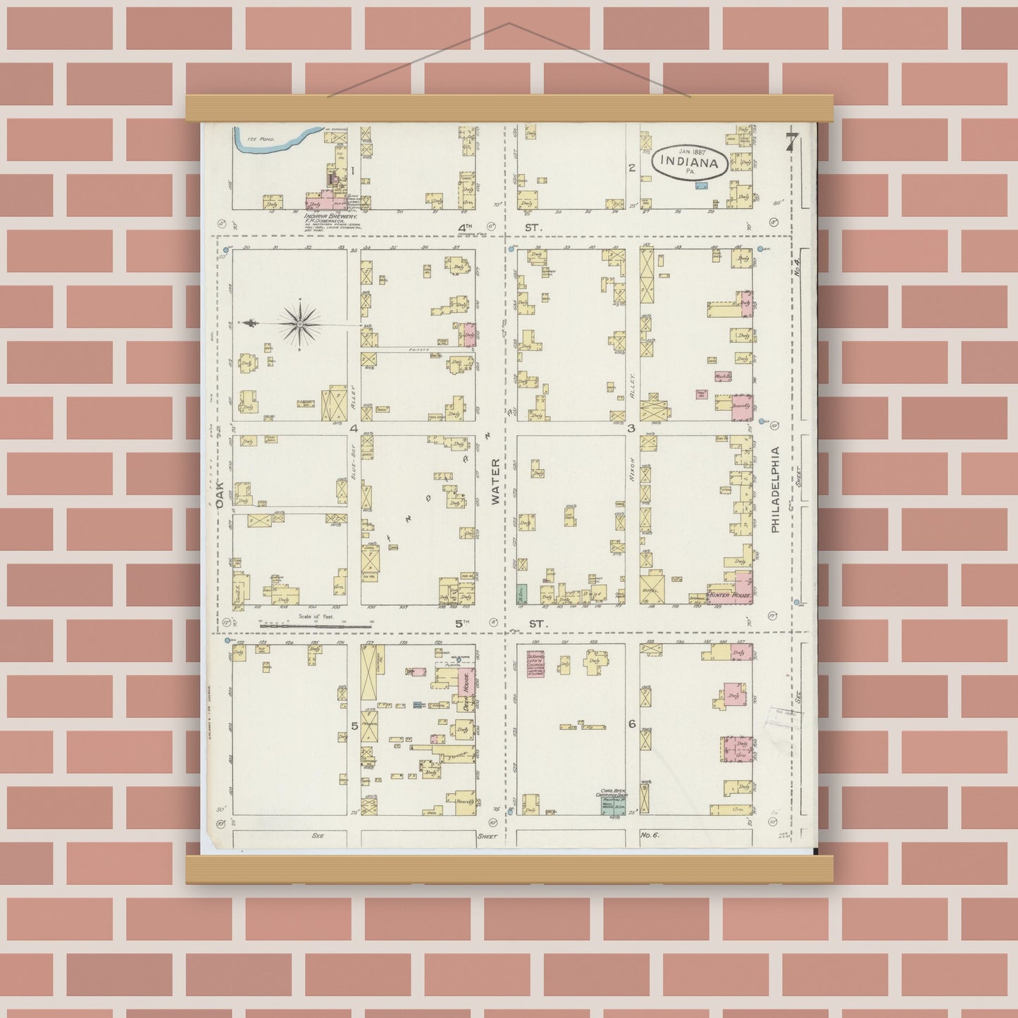 Old map wall art mockup — magnetic wood frame on brick wall — Sanborn Fire Insurance Map from Indiana, Indiana County, Pennsylvania (1887), Sheet #0007