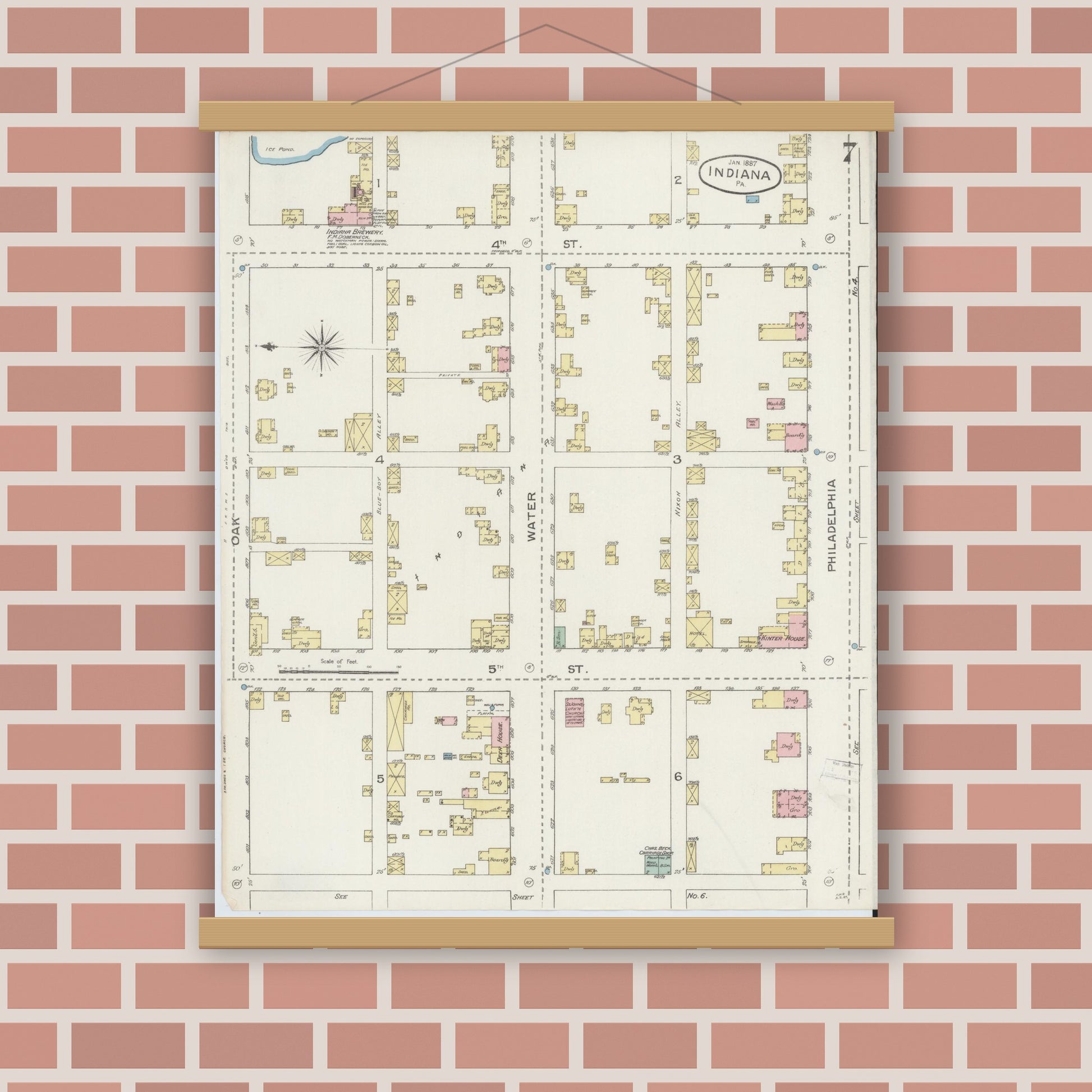 Old map wall art mockup — magnetic wood frame on brick wall — Sanborn Fire Insurance Map from Indiana, Indiana County, Pennsylvania (1887), Sheet #0007