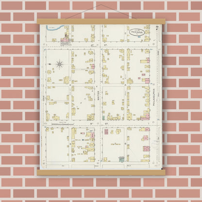 Old map wall art mockup — magnetic wood frame on brick wall — Sanborn Fire Insurance Map from Indiana, Indiana County, Pennsylvania (1887), Sheet #0007