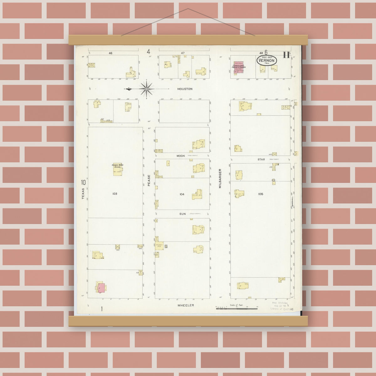 Old map wall art mockup — magnetic wood frame on brick wall — Sanborn Fire Insurance Map from Vernon, Wilbarger County, Texas (1907), Sheet #0011