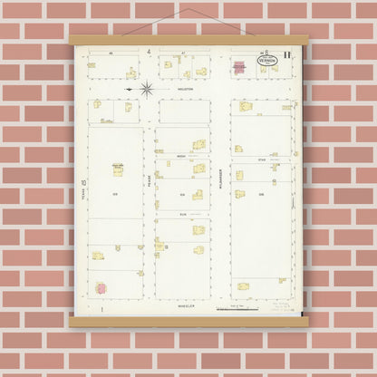 Old map wall art mockup — magnetic wood frame on brick wall — Sanborn Fire Insurance Map from Vernon, Wilbarger County, Texas (1907), Sheet #0011