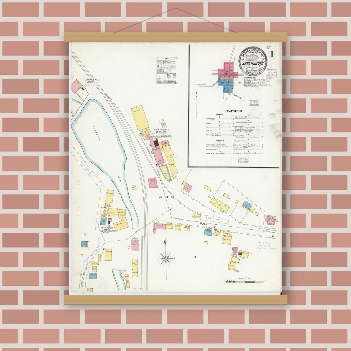 Old map wall art mockup — magnetic wood frame on brick wall — Sanborn Fire Insurance Map from Shrewsbury, York County, Pennsylvania (1908) - Complete Map Set
