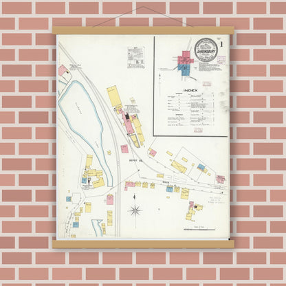 Old map wall art mockup — magnetic wood frame on brick wall — Sanborn Fire Insurance Map from Shrewsbury, York County, Pennsylvania (1908) - Complete Map Set