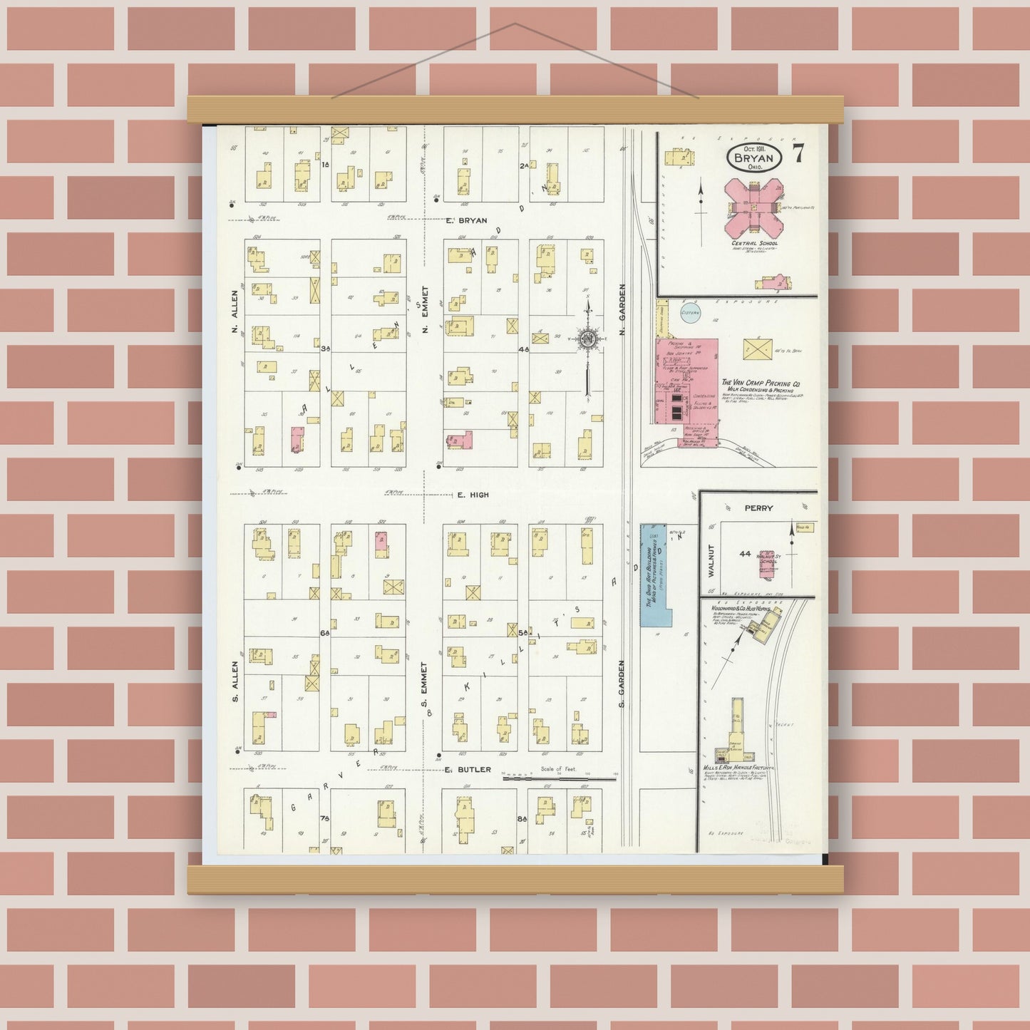 Old map wall art mockup — magnetic wood frame on brick wall — Sanborn Fire Insurance Map from Bryan, Williams County, Ohio (1911), Sheet #0007
