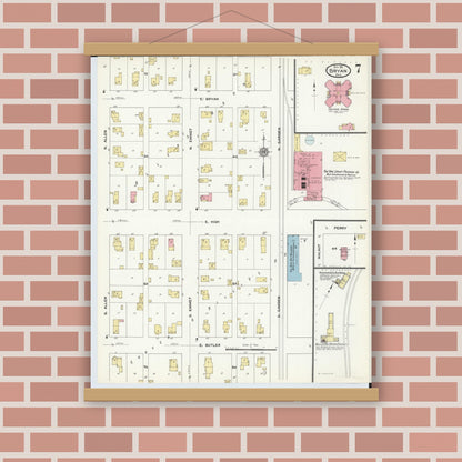 Old map wall art mockup — magnetic wood frame on brick wall — Sanborn Fire Insurance Map from Bryan, Williams County, Ohio (1911), Sheet #0007