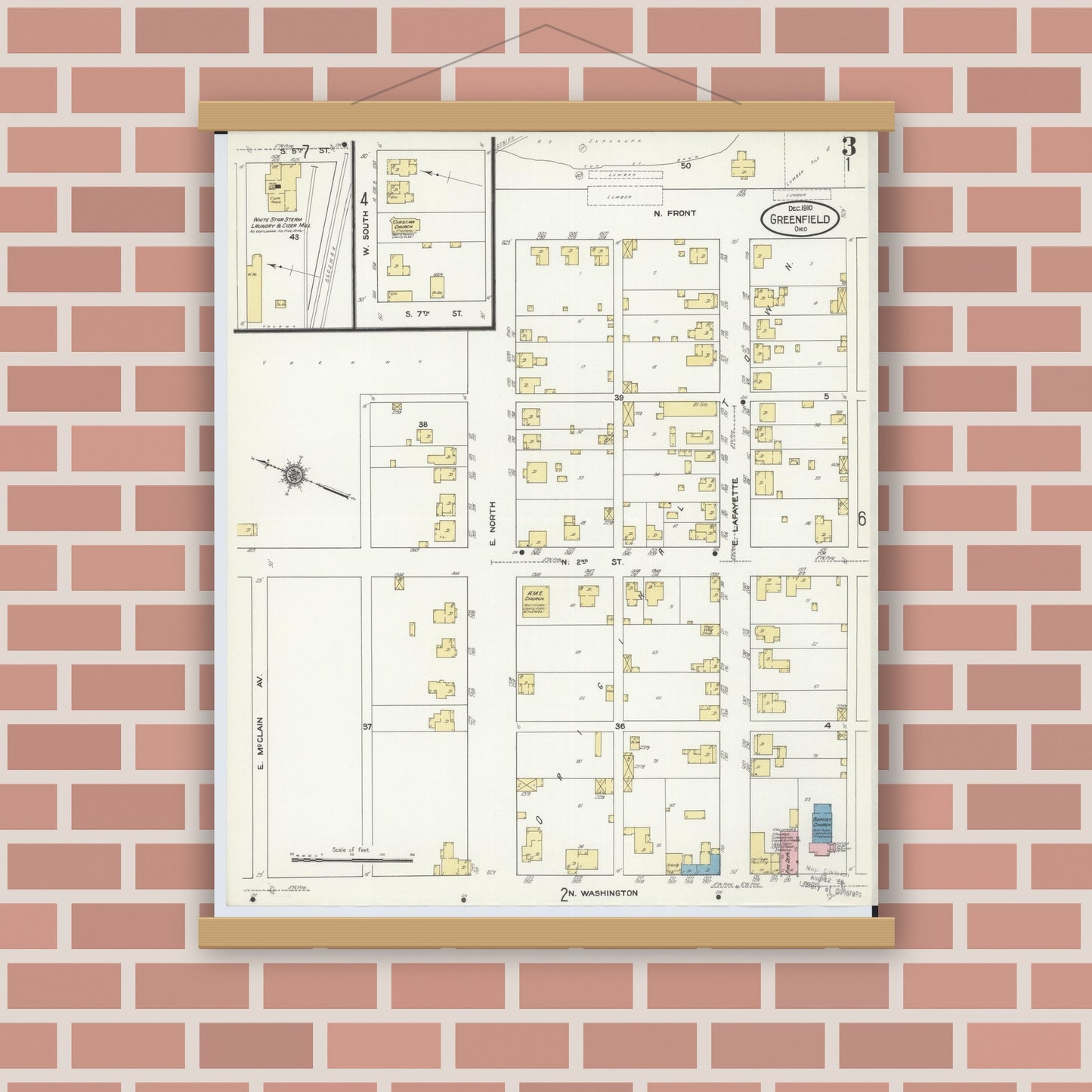 Old map wall art mockup — magnetic wood frame on brick wall — Sanborn Fire Insurance Map from Greenfield, Highland County, Ohio (1910), Sheet #0003