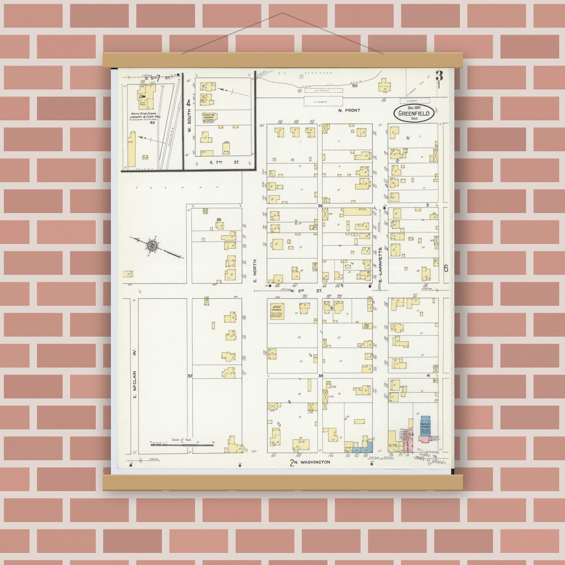 Old map wall art mockup — magnetic wood frame on brick wall — Sanborn Fire Insurance Map from Greenfield, Highland County, Ohio (1910), Sheet #0003