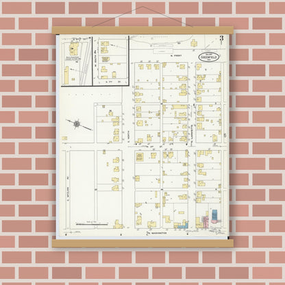 Old map wall art mockup — magnetic wood frame on brick wall — Sanborn Fire Insurance Map from Greenfield, Highland County, Ohio (1910), Sheet #0003