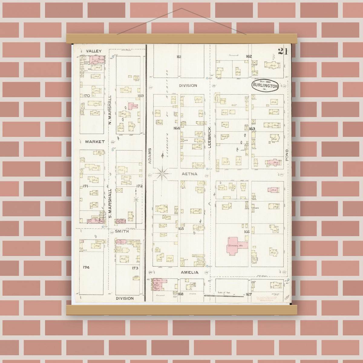 Old map wall art mockup — magnetic wood frame on brick wall — Sanborn Fire Insurance Map from Burlington, Des Moines County, Iowa (1888), Sheet #0021