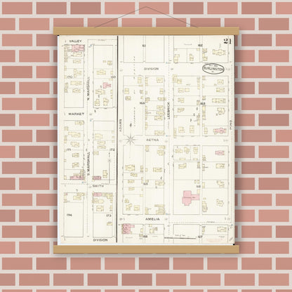 Old map wall art mockup — magnetic wood frame on brick wall — Sanborn Fire Insurance Map from Burlington, Des Moines County, Iowa (1888), Sheet #0021