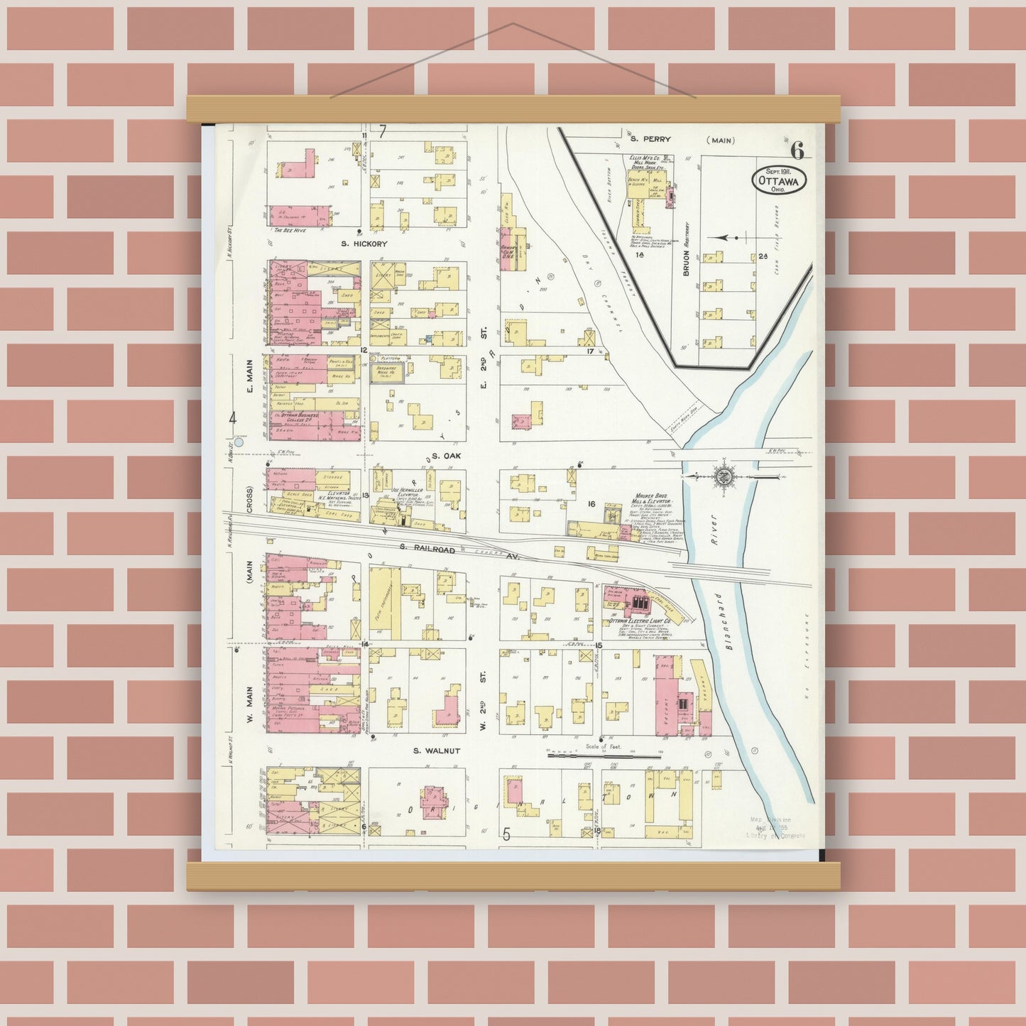Old map wall art mockup — magnetic wood frame on brick wall — Sanborn Fire Insurance Map from Ottawa, Putnam County, Ohio (1911), Sheet #0006