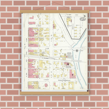 Old map wall art mockup — magnetic wood frame on brick wall — Sanborn Fire Insurance Map from Ottawa, Putnam County, Ohio (1911), Sheet #0006
