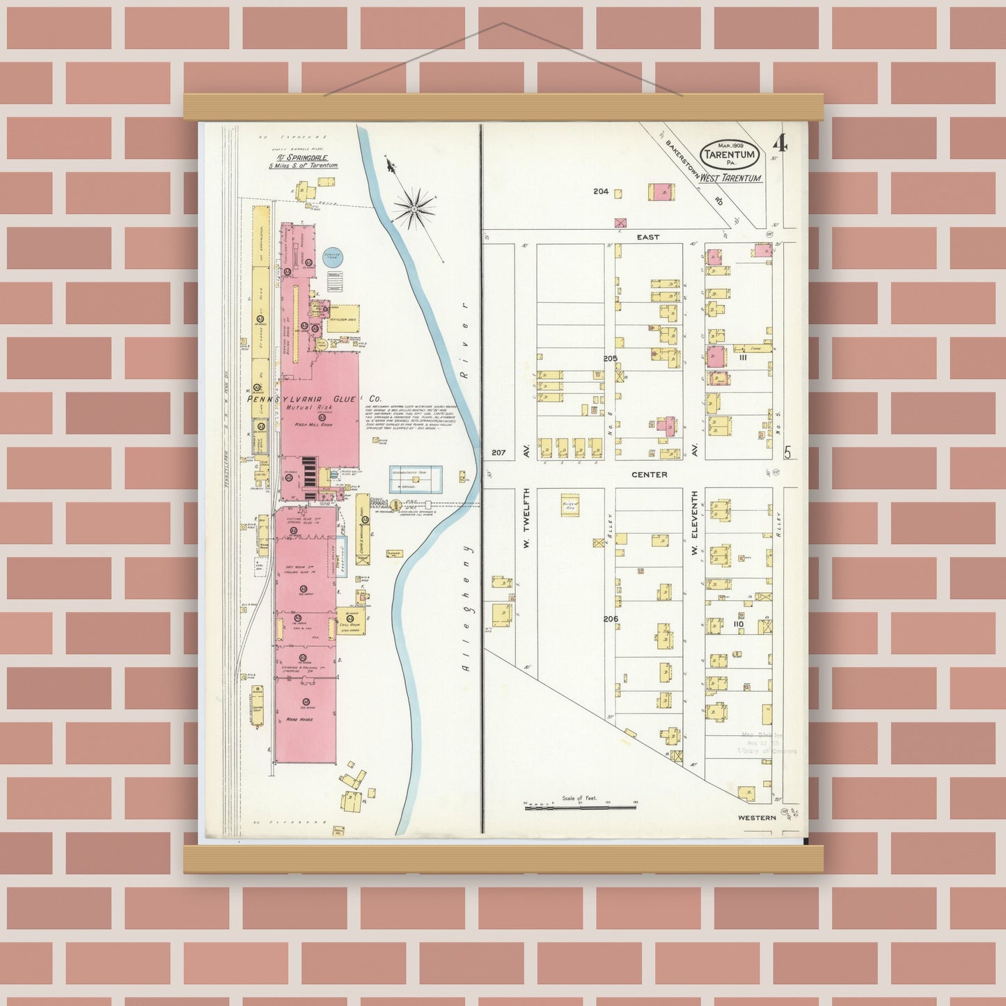 Old map wall art mockup — magnetic wood frame on brick wall — Sanborn Fire Insurance Map from Tarentum, Allegheny County, Pennsylvania (1909), Sheet #0004