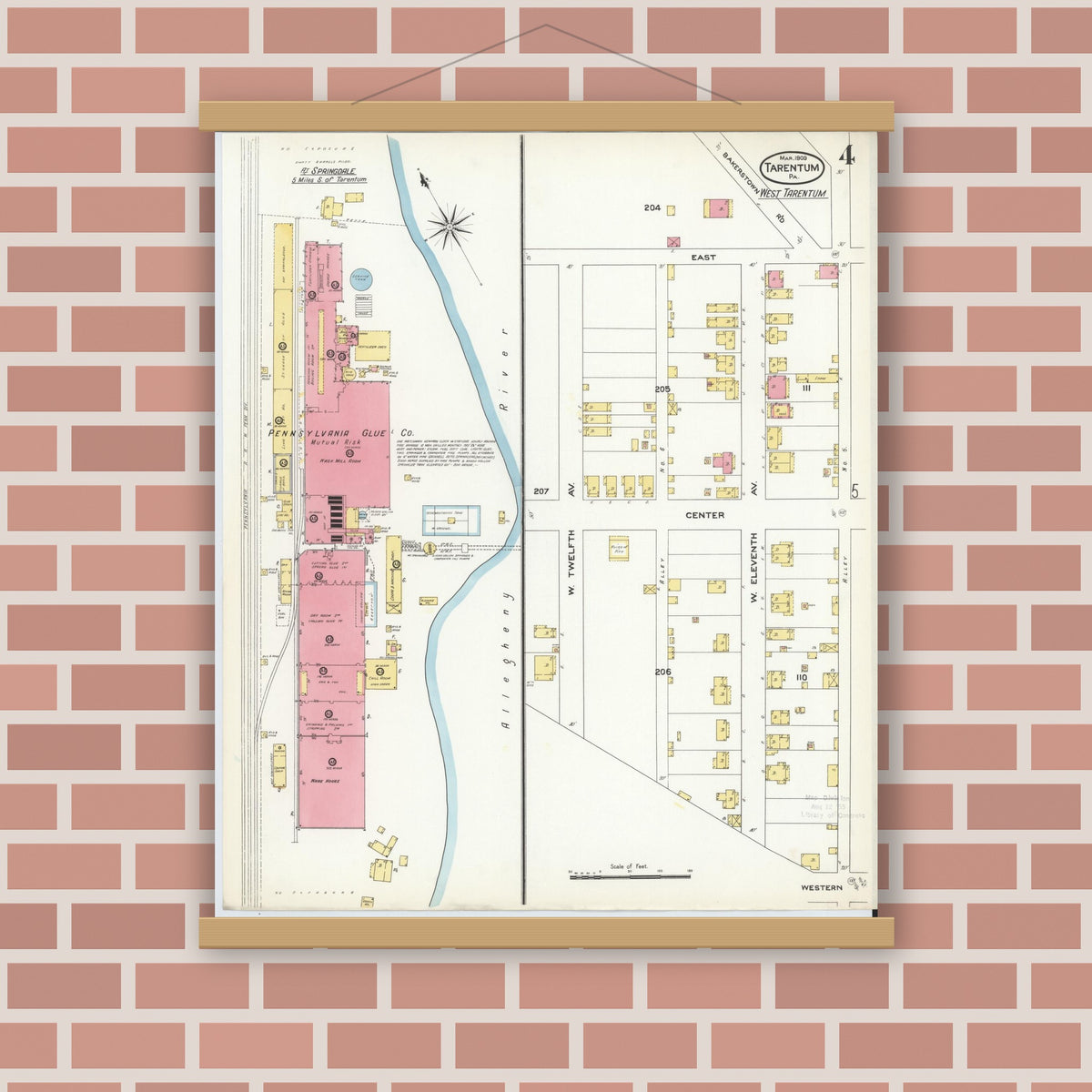 Old map wall art mockup — magnetic wood frame on brick wall — Sanborn Fire Insurance Map from Tarentum, Allegheny County, Pennsylvania (1909), Sheet #0004