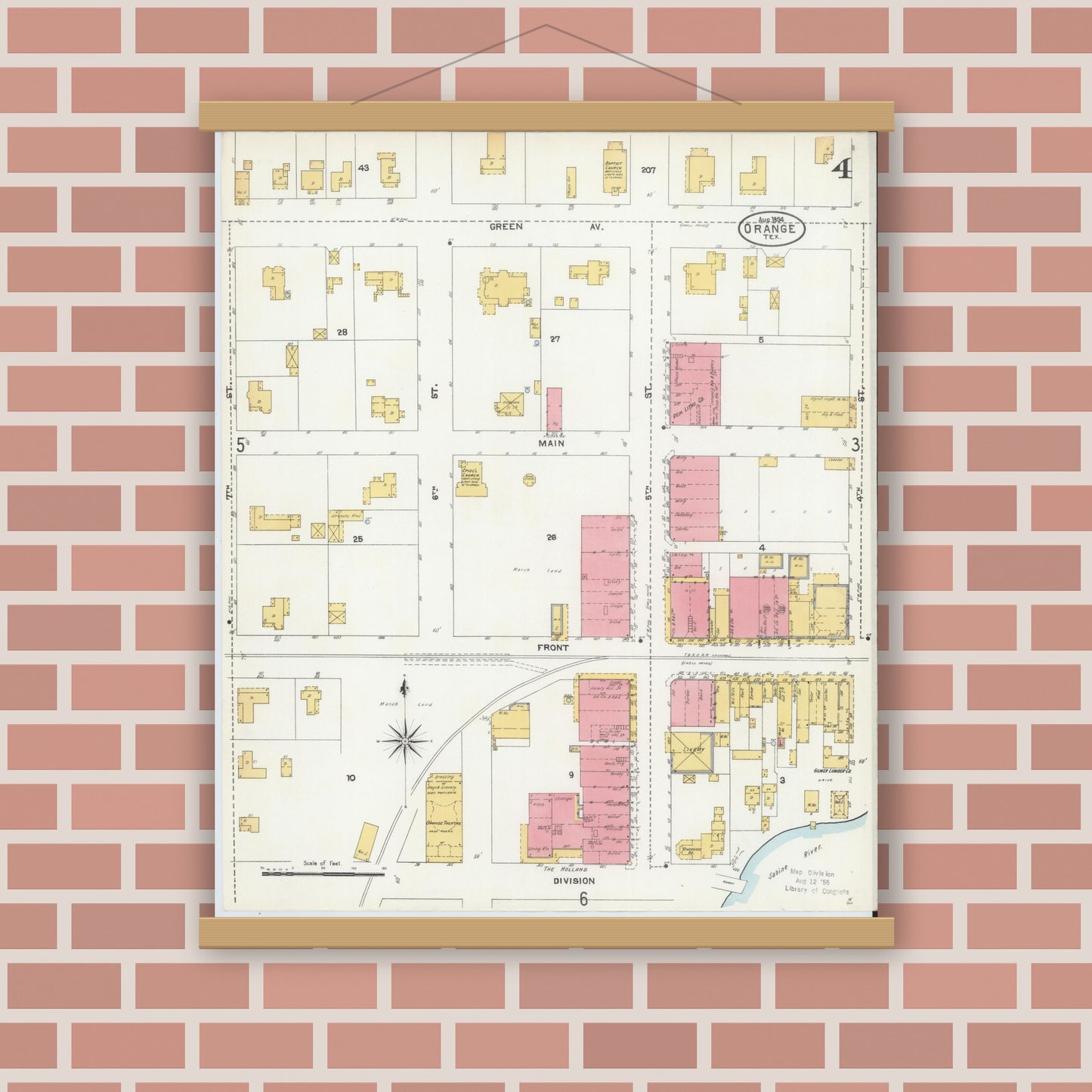 Old map wall art mockup — magnetic wood frame on brick wall — Sanborn Fire Insurance Map from Orange, Orange County, Texas (1904), Sheet #0004