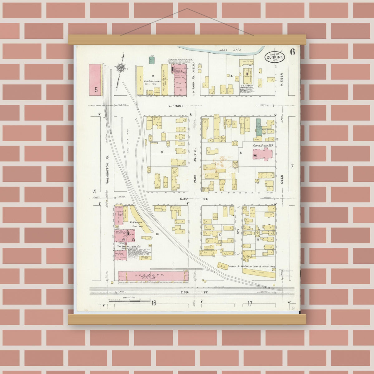 Old map wall art mockup — magnetic wood frame on brick wall — Sanborn Fire Insurance Map from Dunkirk, Chautauqua County, New York (1910), Sheet #0006