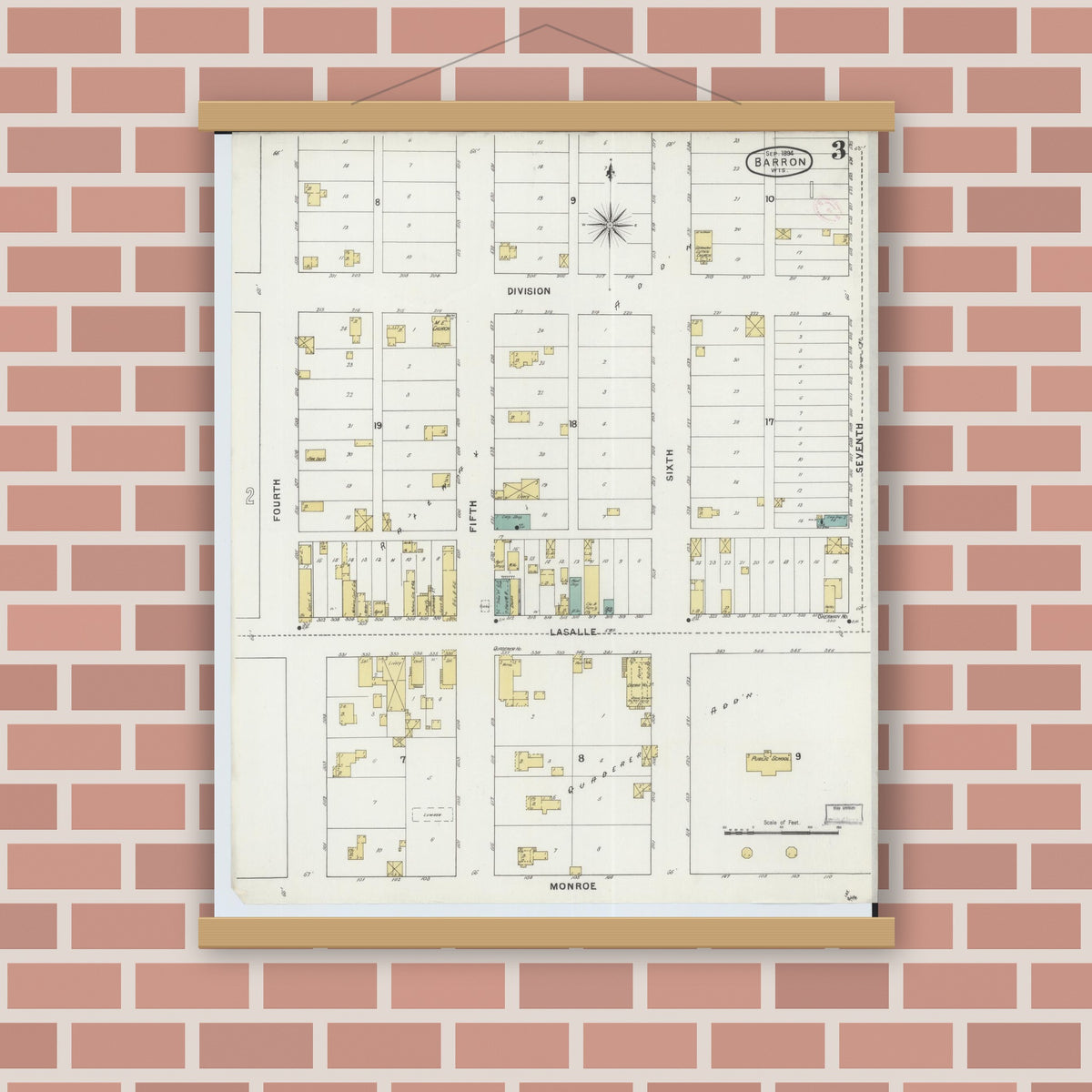 Old map wall art mockup — magnetic wood frame on brick wall — Sanborn Fire Insurance Map from Barron, Barron County, Wisconsin (1894), Sheet #0003