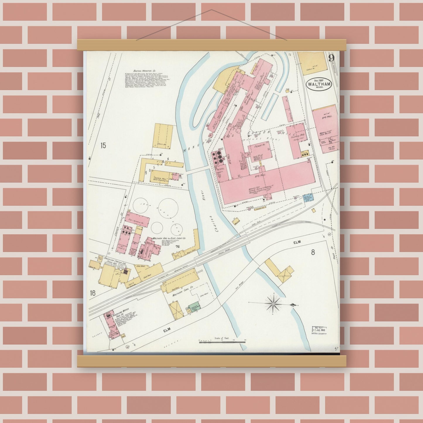 Old map wall art mockup — magnetic wood frame on brick wall — Sanborn Fire Insurance Map from Waltham, Middlesex County, Massachusetts (1897), Sheet #0009