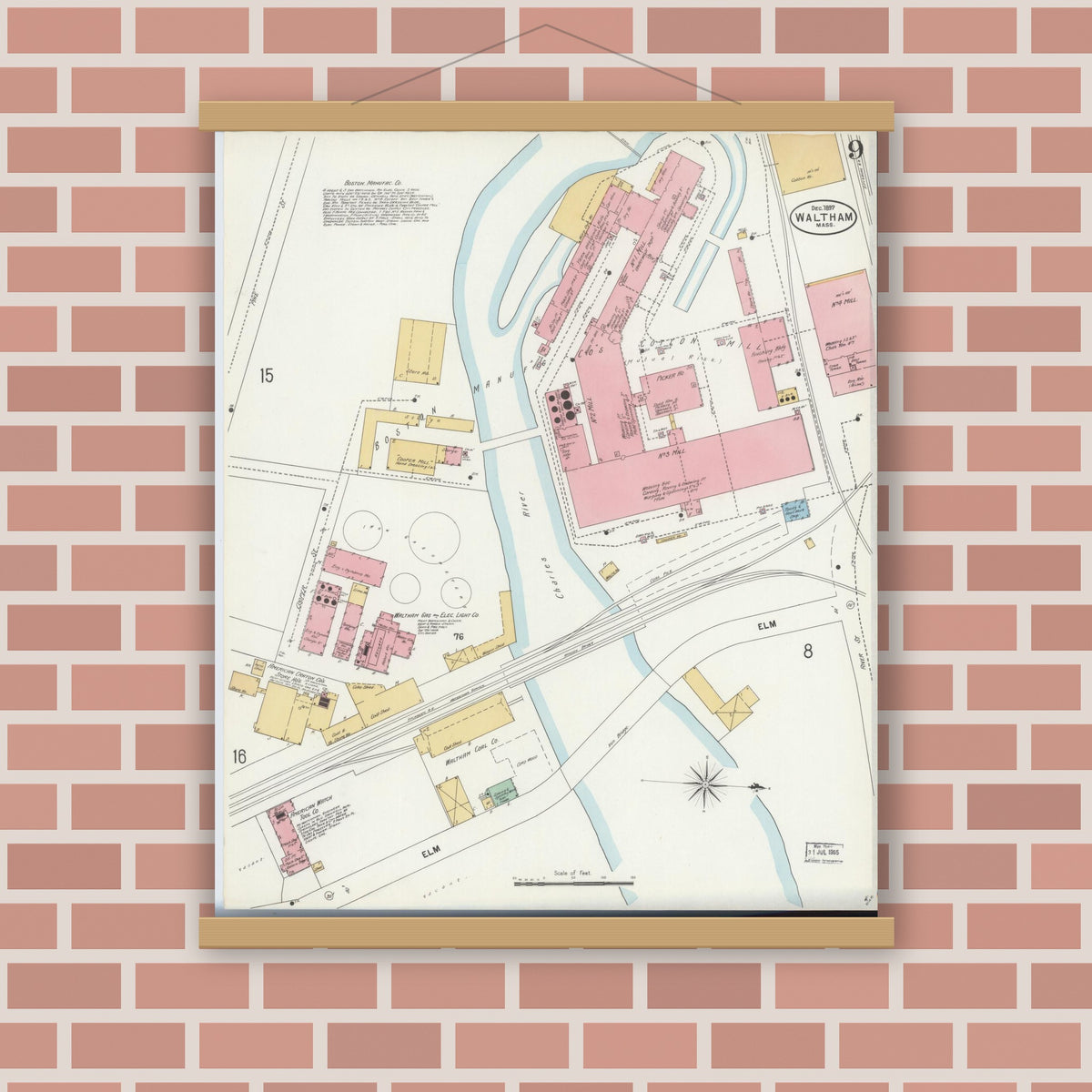 Old map wall art mockup — magnetic wood frame on brick wall — Sanborn Fire Insurance Map from Waltham, Middlesex County, Massachusetts (1897), Sheet #0009