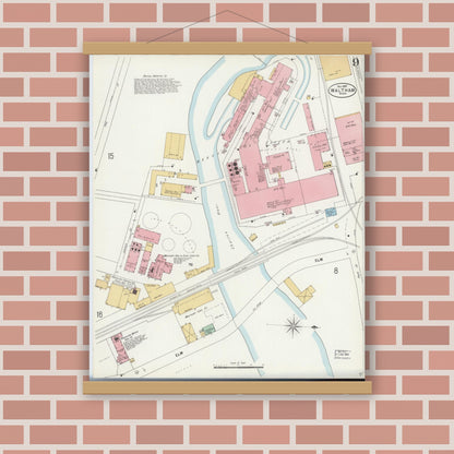 Old map wall art mockup — magnetic wood frame on brick wall — Sanborn Fire Insurance Map from Waltham, Middlesex County, Massachusetts (1897), Sheet #0009