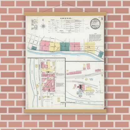 Old map wall art mockup — magnetic wood frame on brick wall — Sanborn Fire Insurance Map from Marietta, Lancaster County, Pennsylvania (1896), Sheet #0001