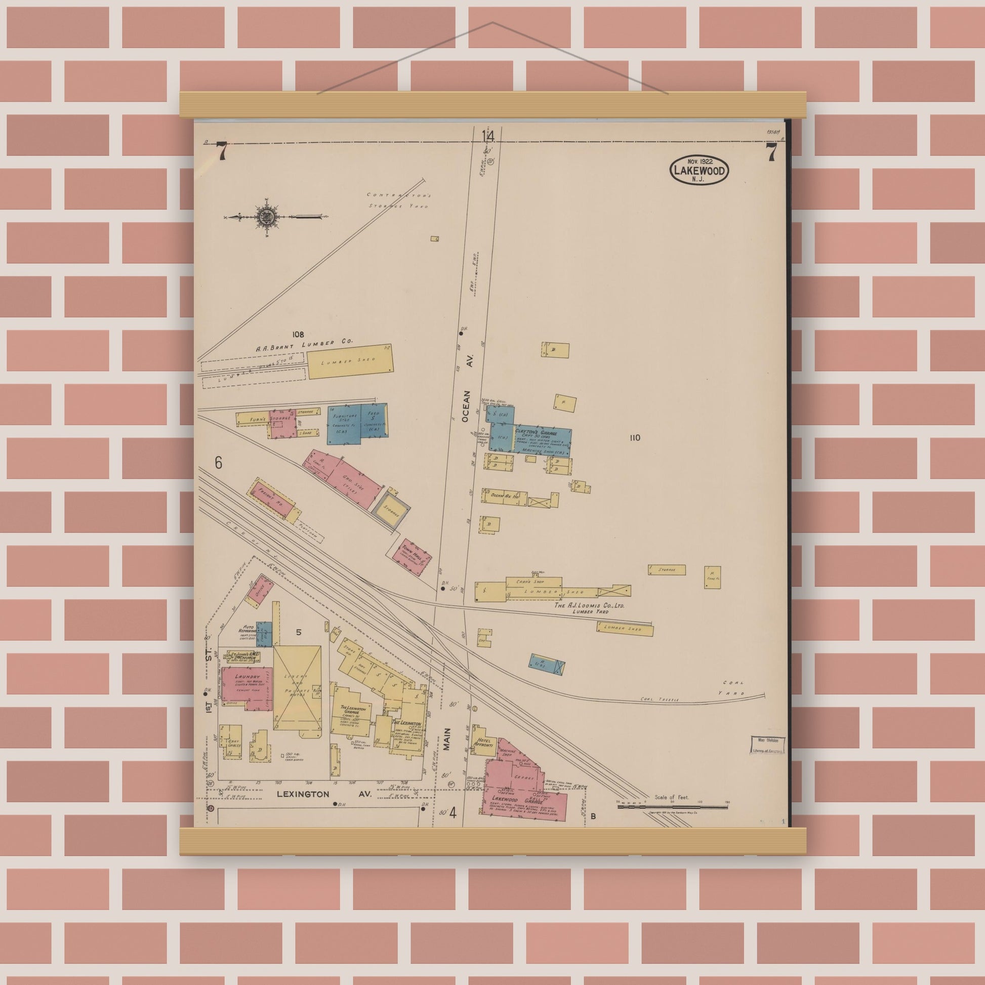 Old map wall art mockup — magnetic wood frame on brick wall — Sanborn Fire Insurance Map from Lakewood, Ocean County, New Jersey (1922), Sheet #0007