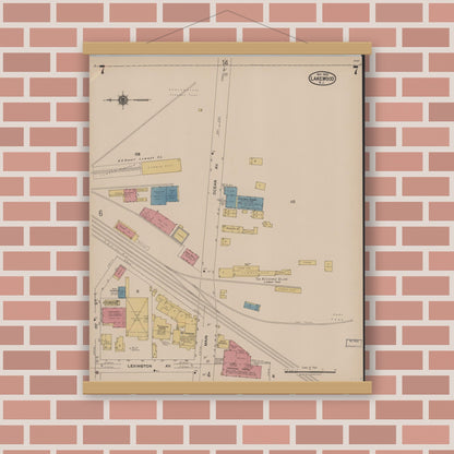 Old map wall art mockup — magnetic wood frame on brick wall — Sanborn Fire Insurance Map from Lakewood, Ocean County, New Jersey (1922), Sheet #0007