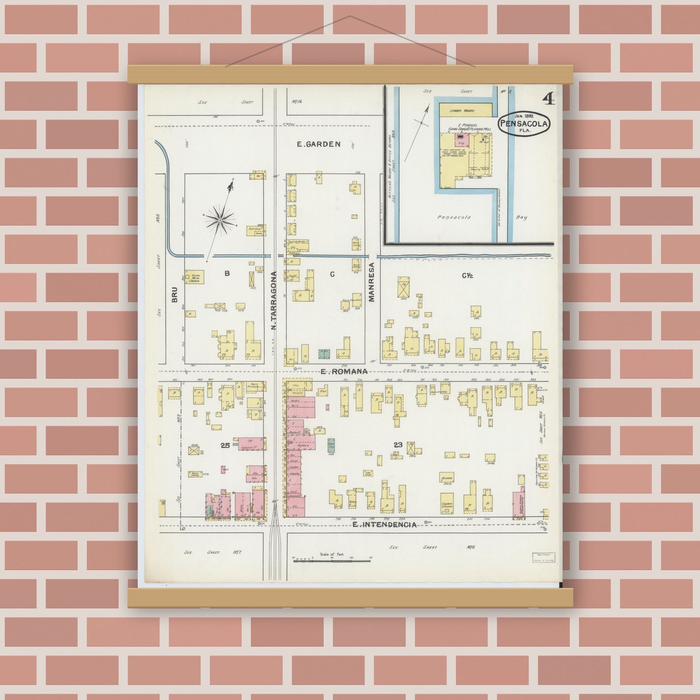 Old map wall art mockup — magnetic wood frame on brick wall — Sanborn Fire Insurance Map from Pensacola, Escambia County, Florida (1892), Sheet #0004