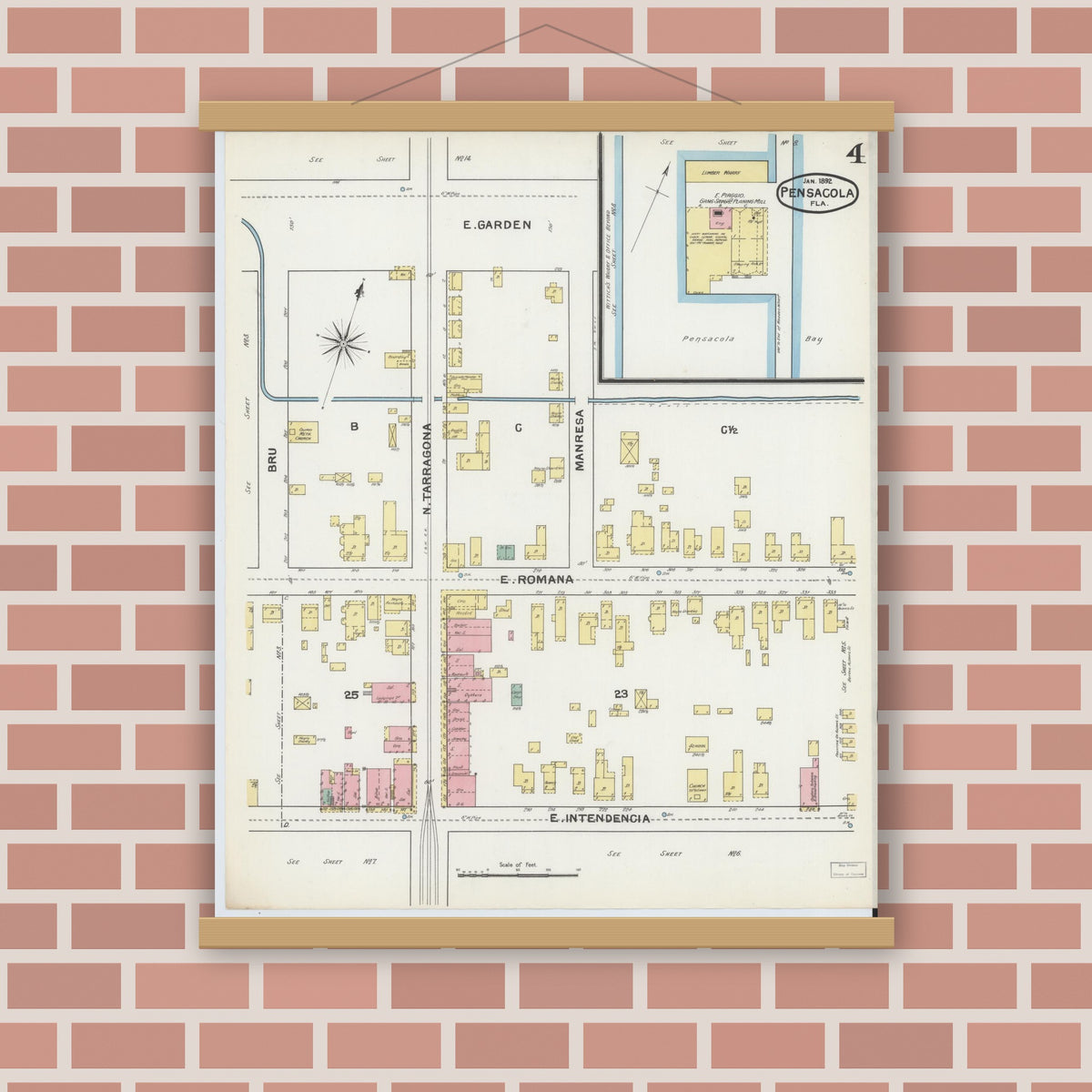 Old map wall art mockup — magnetic wood frame on brick wall — Sanborn Fire Insurance Map from Pensacola, Escambia County, Florida (1892), Sheet #0004