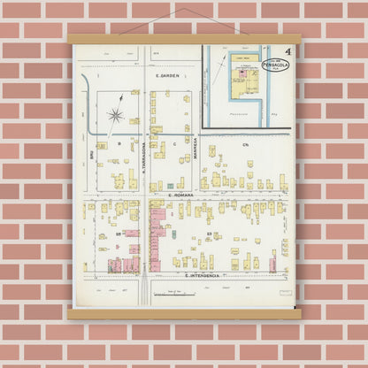 Old map wall art mockup — magnetic wood frame on brick wall — Sanborn Fire Insurance Map from Pensacola, Escambia County, Florida (1892), Sheet #0004