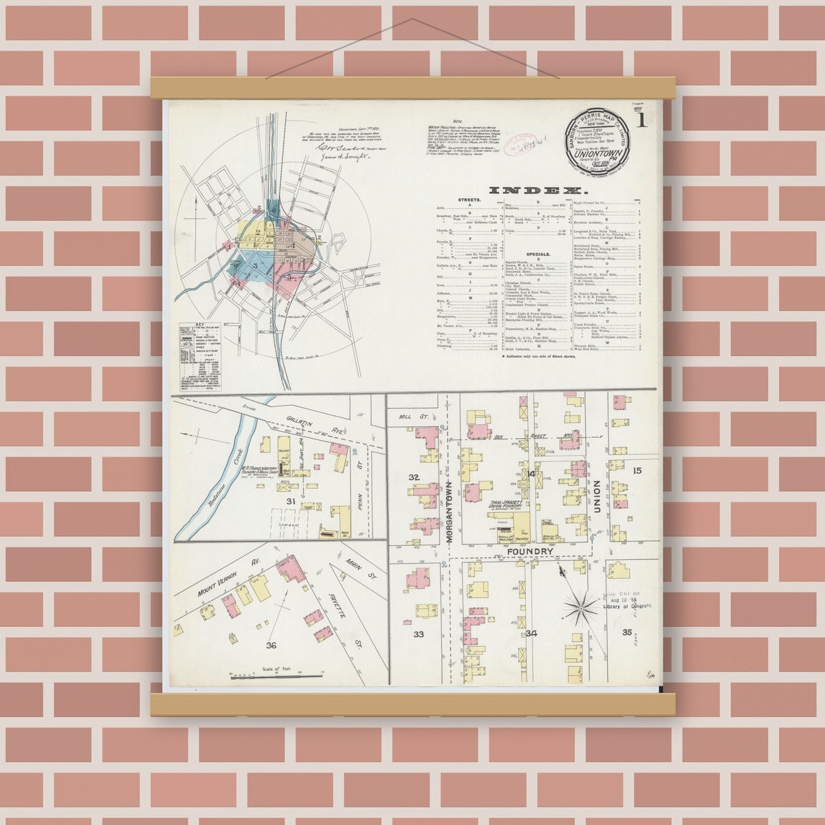 Old map wall art mockup — magnetic wood frame on brick wall — Sanborn Fire Insurance Map from Uniontown, Fayette County, Pennsylvania (1891) - Complete Map Set