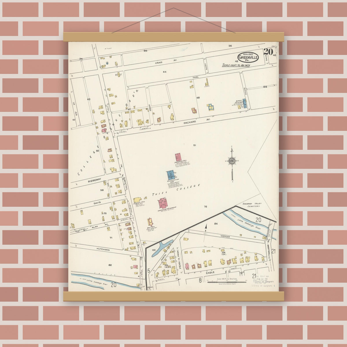 Old map wall art mockup — magnetic wood frame on brick wall — Sanborn Fire Insurance Map from Greenville, Mercer County, Pennsylvania (1922), Sheet #0020
