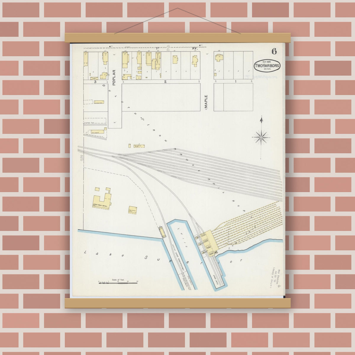 Old map wall art mockup — magnetic wood frame on brick wall — Sanborn Fire Insurance Map from Two Harbors, Lake County, Minnesota (1892), Sheet #0006