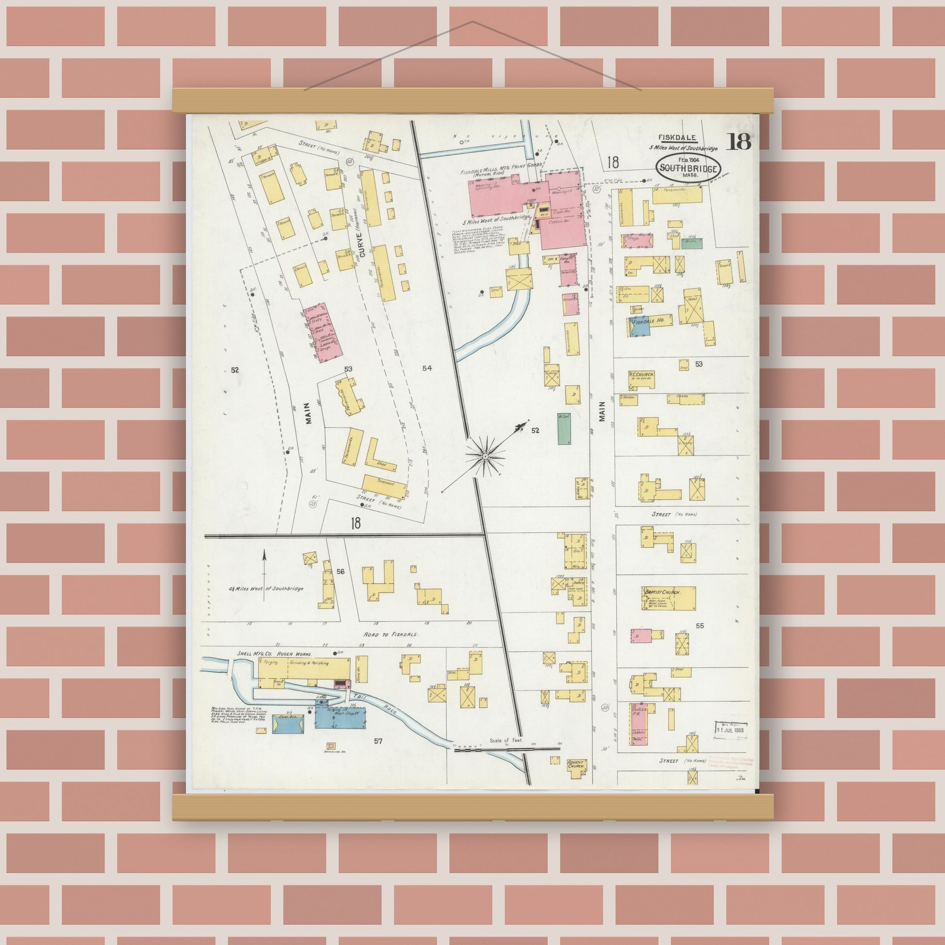 Old map wall art mockup — magnetic wood frame on brick wall — Sanborn Fire Insurance Map from Southbridge, Worcester County, Massachusetts (1904), Sheet #0018