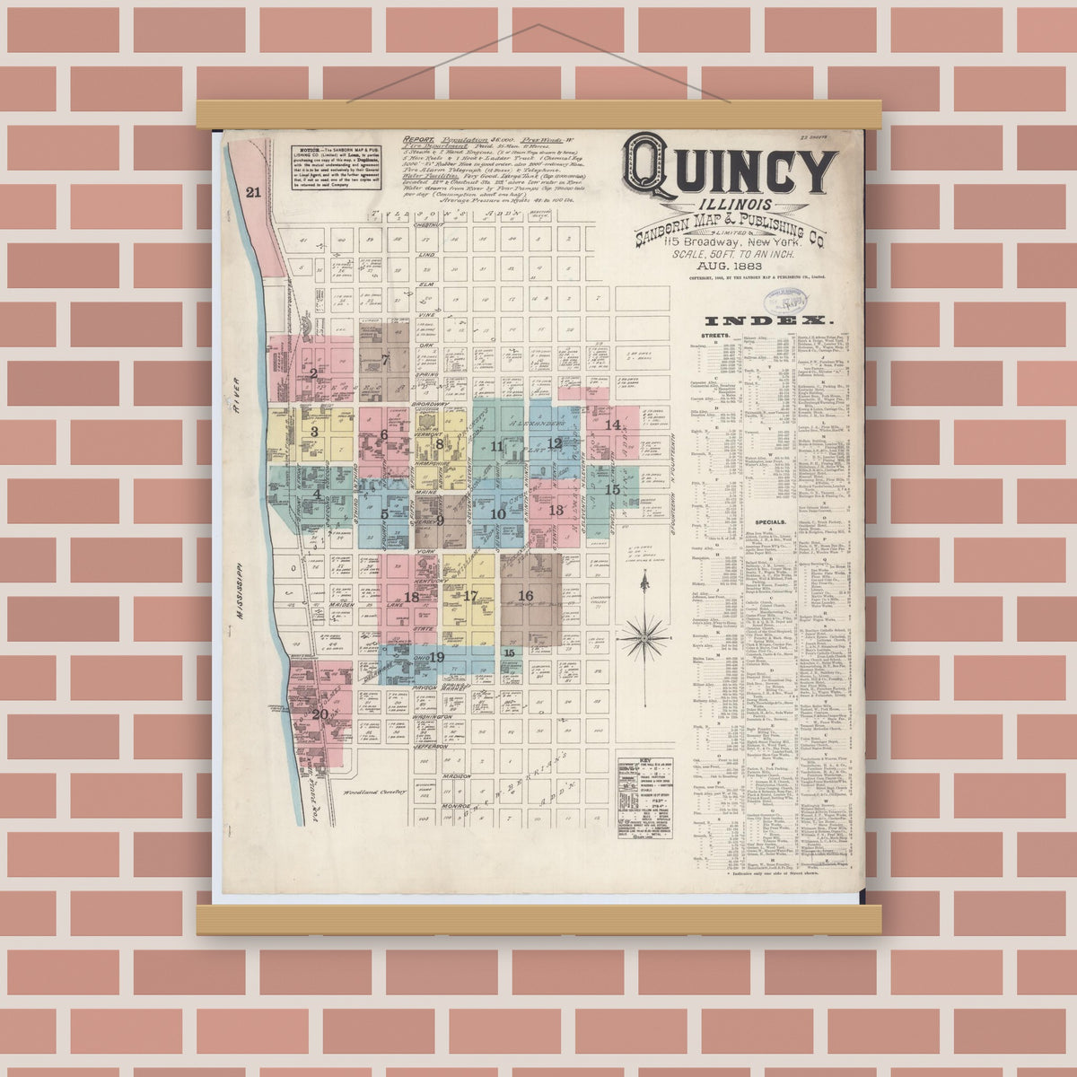 Old map wall art mockup — magnetic wood frame on brick wall — Sanborn Fire Insurance Map from Quincy, Adams County, Illinois (1883) - Complete Map Set