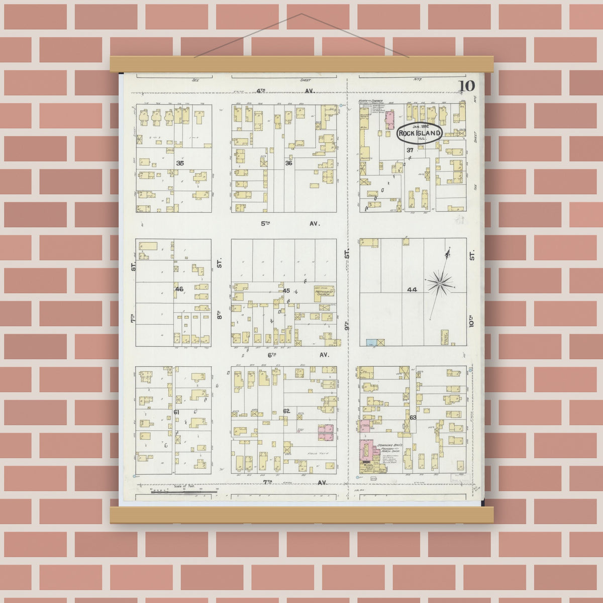 Old map wall art mockup — magnetic wood frame on brick wall — Sanborn Fire Insurance Map from Rock Island, Rock Island County, Illinois (1892), Sheet #0010