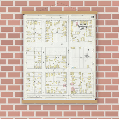 Old map wall art mockup — magnetic wood frame on brick wall — Sanborn Fire Insurance Map from Rock Island, Rock Island County, Illinois (1892), Sheet #0010