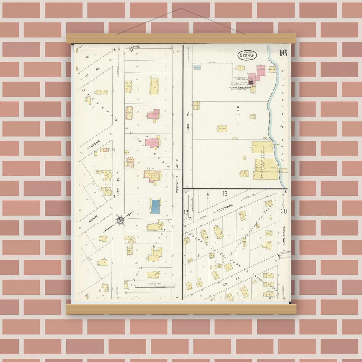 Old map wall art mockup — magnetic wood frame on brick wall — Sanborn Fire Insurance Map from Neenah, Winnebago County, Wisconsin (1913), Sheet #0016