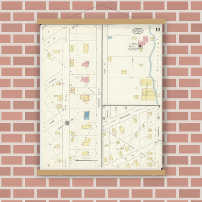Old map wall art mockup — magnetic wood frame on brick wall — Sanborn Fire Insurance Map from Neenah, Winnebago County, Wisconsin (1913), Sheet #0016