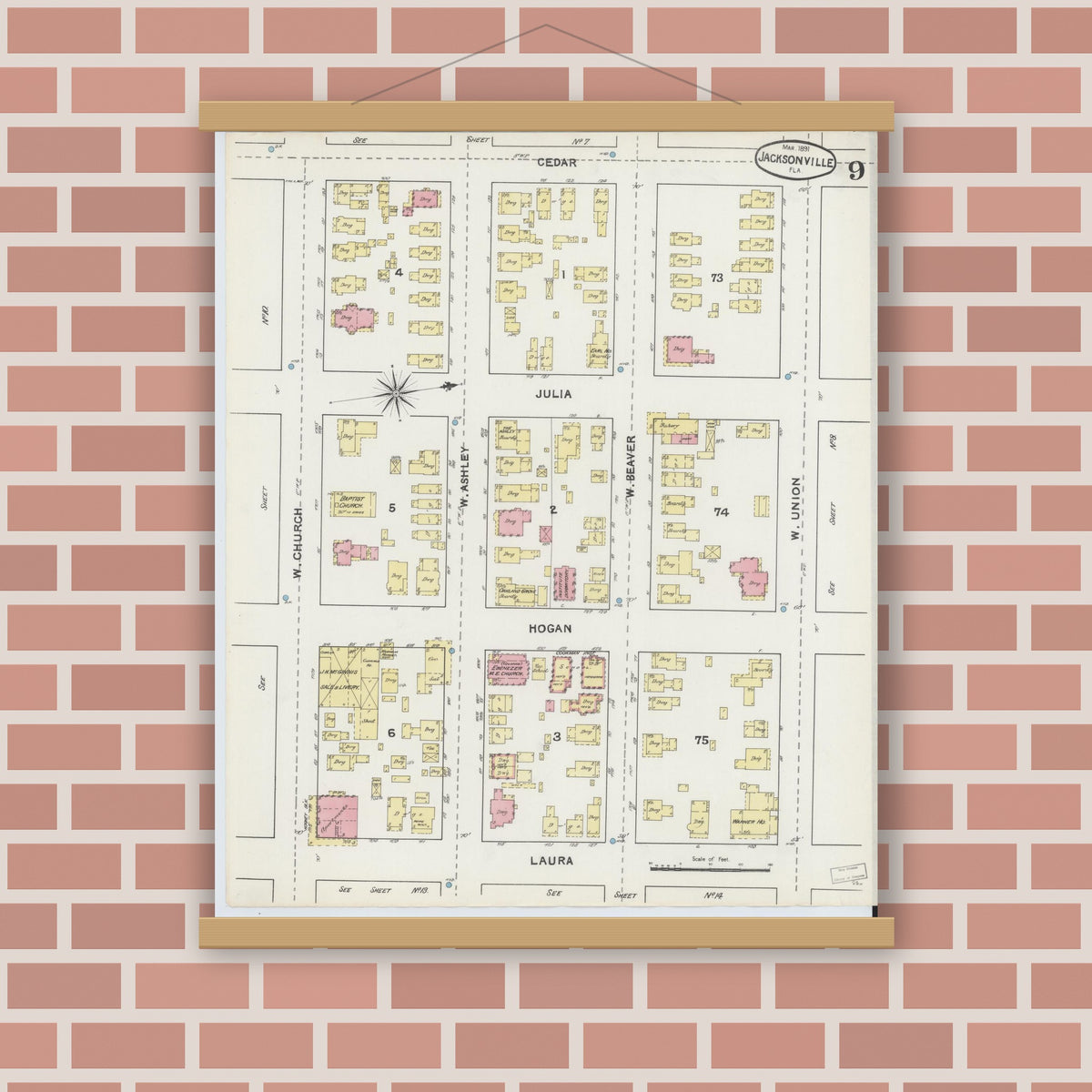 Old map wall art mockup — magnetic wood frame on brick wall — Sanborn Fire Insurance Map from Jacksonville, Duval County, Florida (1891), Sheet #0009