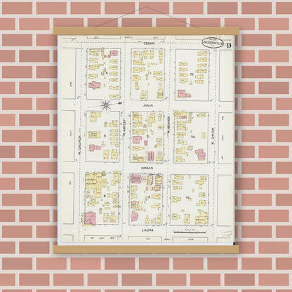 Old map wall art mockup — magnetic wood frame on brick wall — Sanborn Fire Insurance Map from Jacksonville, Duval County, Florida (1891), Sheet #0009