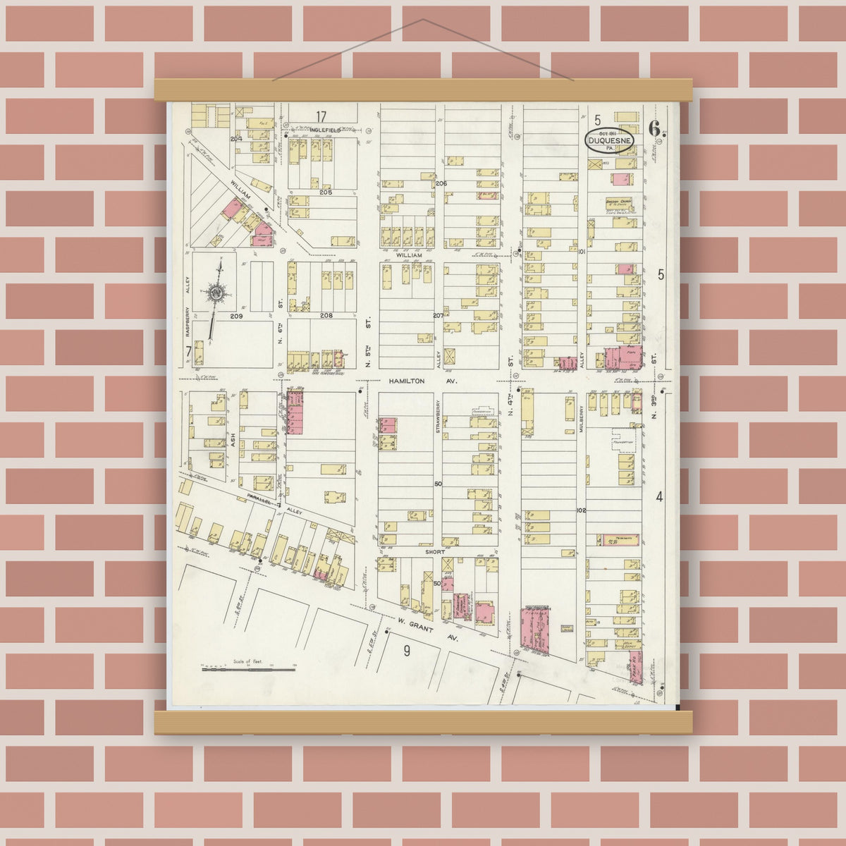 Old map wall art mockup — magnetic wood frame on brick wall — Sanborn Fire Insurance Map from Duquesne, Allegheny County, Pennsylvania (1911), Sheet #0006
