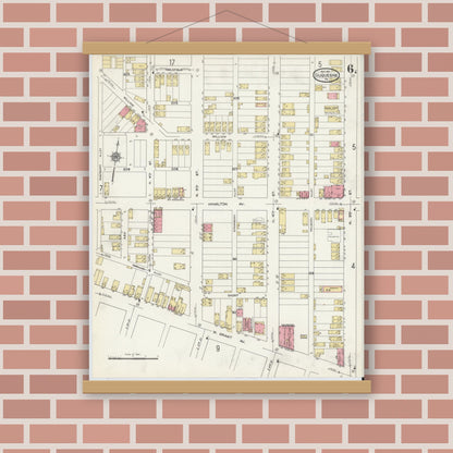 Old map wall art mockup — magnetic wood frame on brick wall — Sanborn Fire Insurance Map from Duquesne, Allegheny County, Pennsylvania (1911), Sheet #0006