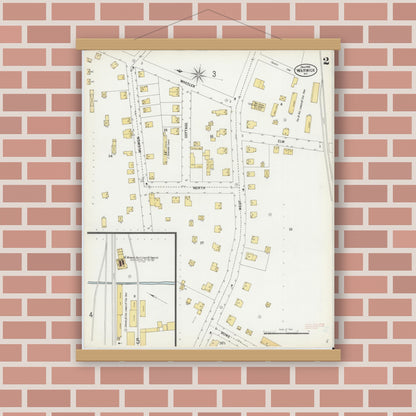 Old map wall art mockup — magnetic wood frame on brick wall — Sanborn Fire Insurance Map from Warwick, Orange County, New York (1900), Sheet #0002