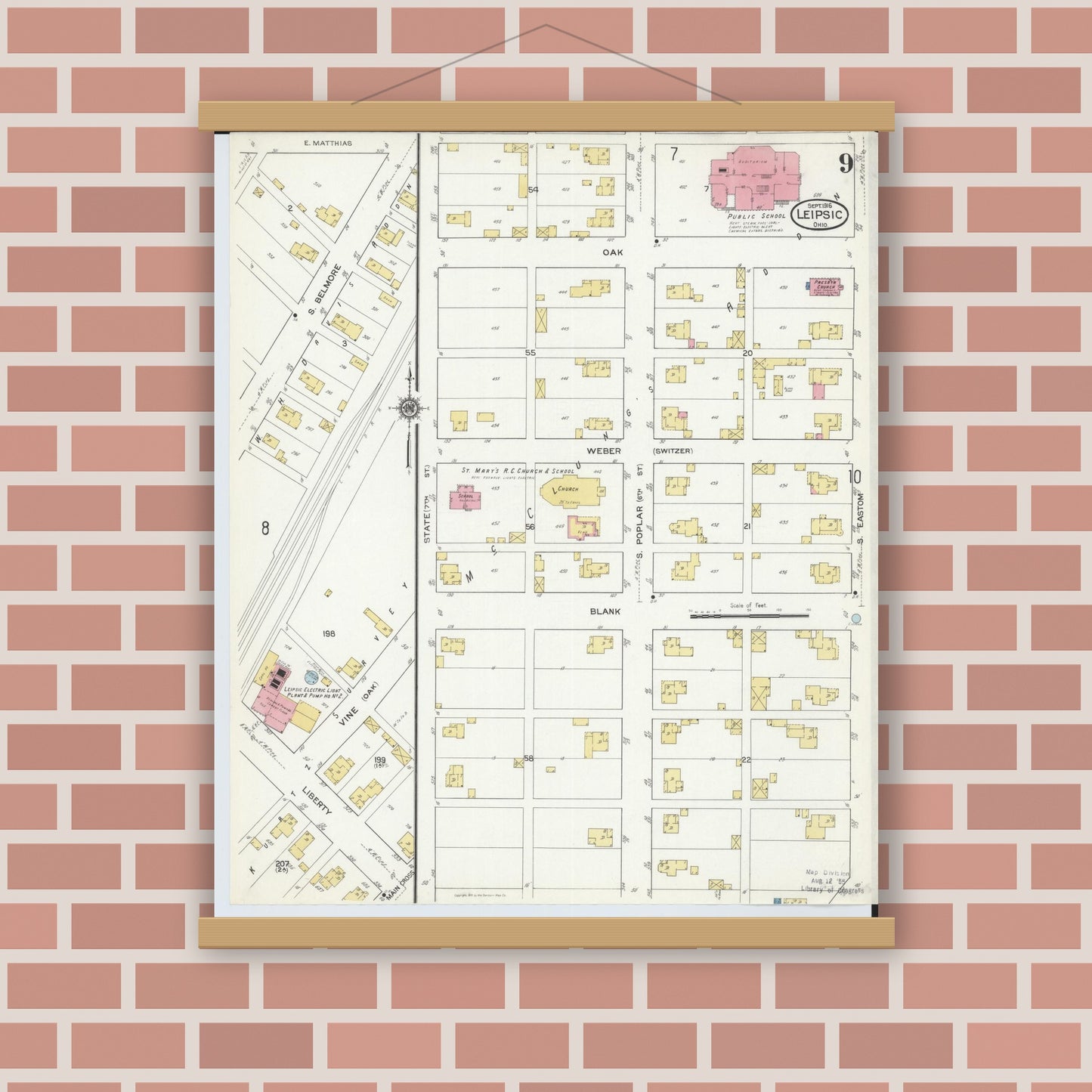 Old map wall art mockup — magnetic wood frame on brick wall — Sanborn Fire Insurance Map from Leipsic, Putnam County, Ohio (1916), Sheet #0009