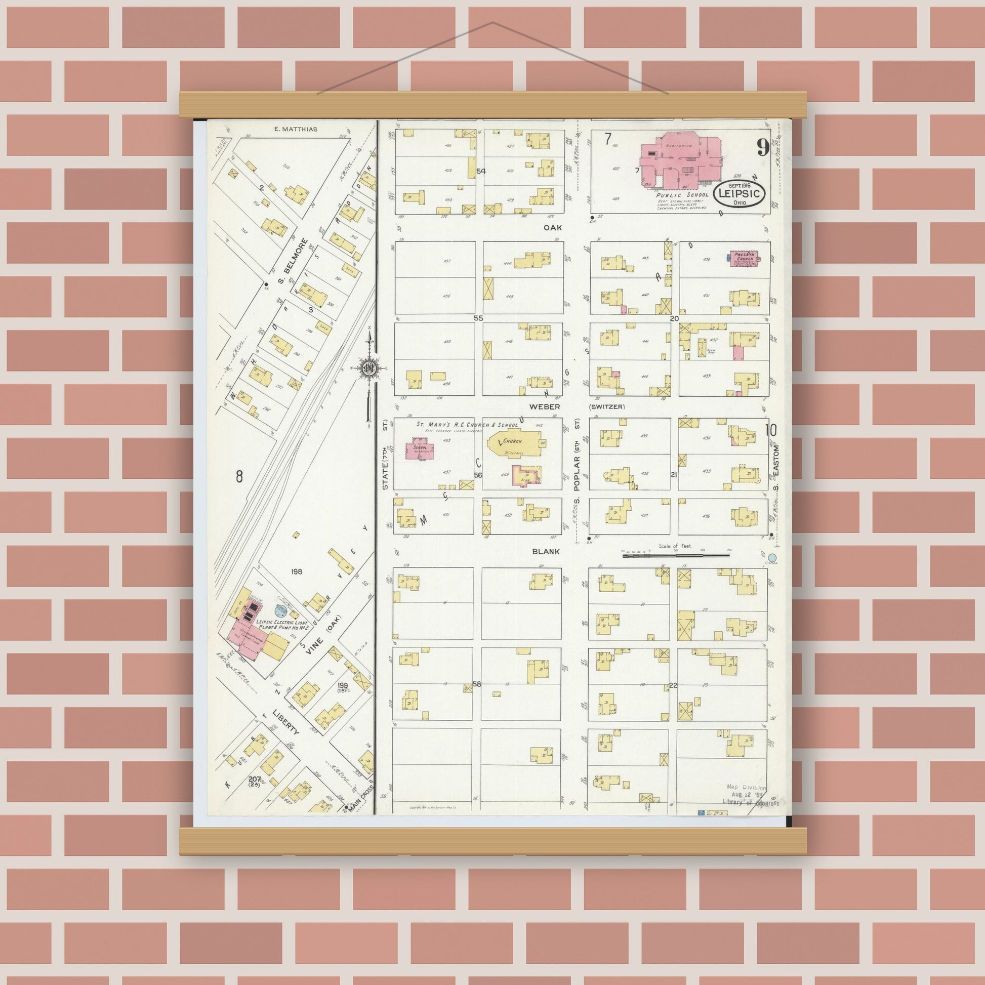 Old map wall art mockup — magnetic wood frame on brick wall — Sanborn Fire Insurance Map from Leipsic, Putnam County, Ohio (1916), Sheet #0009